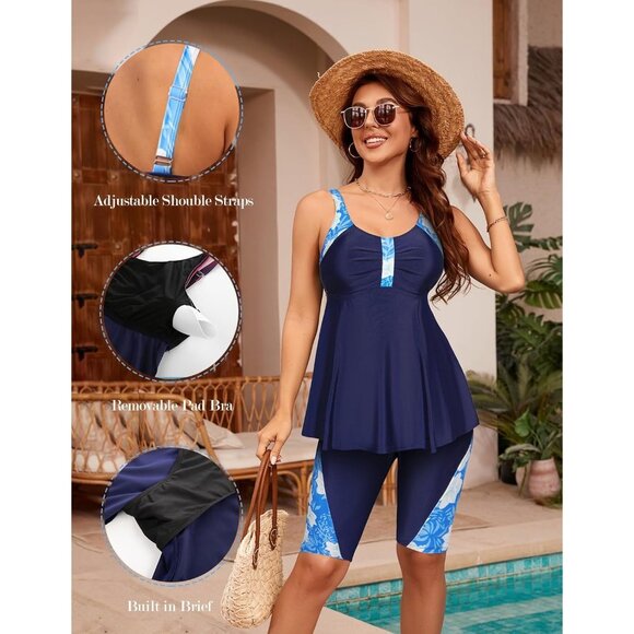 Hanna Nikole Plus Size 24W Two-Piece Modest Swim Set Womens Navy & Blue Floral - Picture 13 of 15